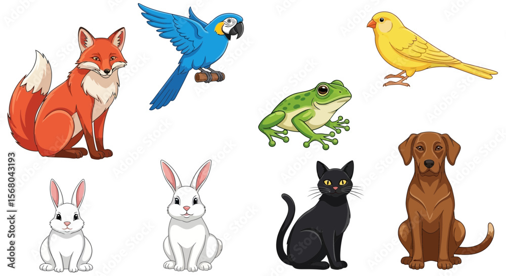 Naklejka premium Vector cartoon animals illustration featuring fox parrot frog canary rabbit cat and dog vector graphics image