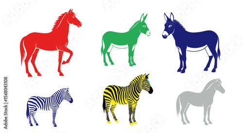 Vector colorful horse donkey and zebra vector illustration animal silhouette design clip art graphic image resource