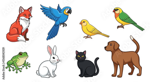 Vector cartoon animal collection featuring fox parrot canary green bird frog rabbit cat and dog illustration