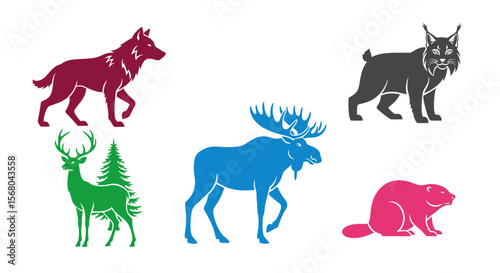 Vector wildlife vector illustration featuring wolf, lynx, moose, deer, beaver and pine tree silhouette design