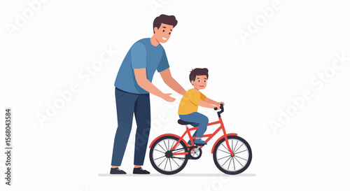 A father patiently helping his child learn to ride a bike.