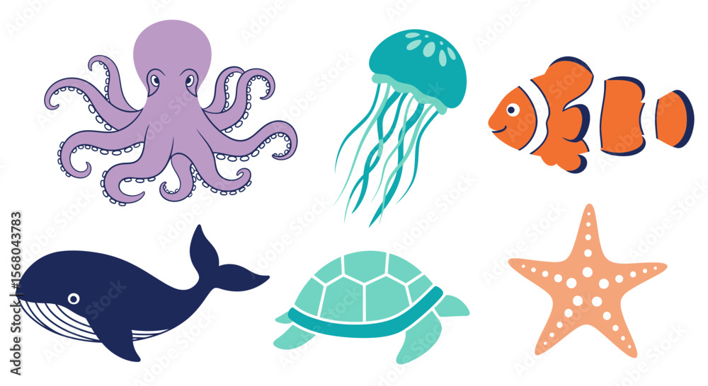 Fototapeta premium Vector ocean animals vector illustration featuring octopus jellyfish clownfish whale turtle and starfish design element