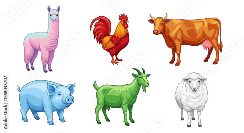 Vector illustration of farm animals including cow pig goat sheep rooster and llama vector drawing design art