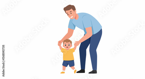 A Father's love and support guiding baby's first steps.