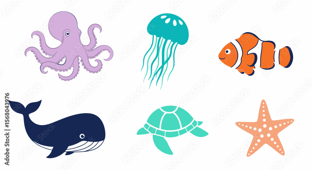Fototapeta premium Vector ocean animals illustration set vector graphic design octopus jellyfish clownfish whale turtle starfish vector