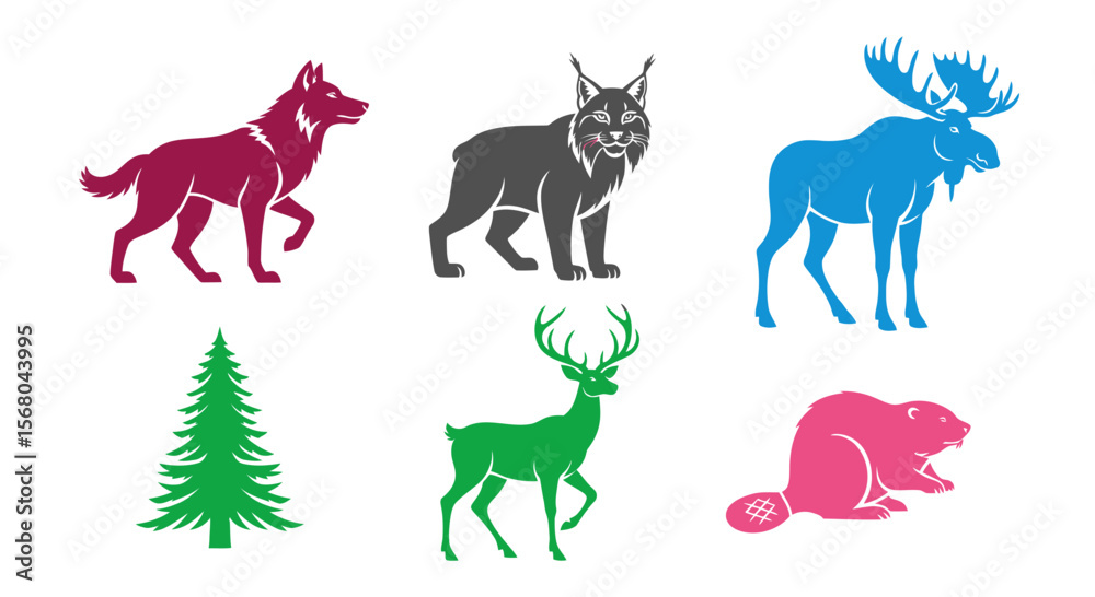 Obraz premium Vector wildlife animals vector illustration featuring wolf, lynx, moose, deer, beaver and pine tree silhouette
