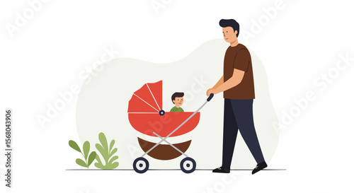 A father pushing a stroller with his baby. 