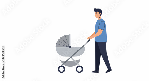 A father strolling with his baby in a pram. 