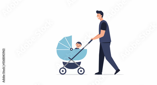 A caring father enjoying a leisurely stroll with his baby in a stroller. 