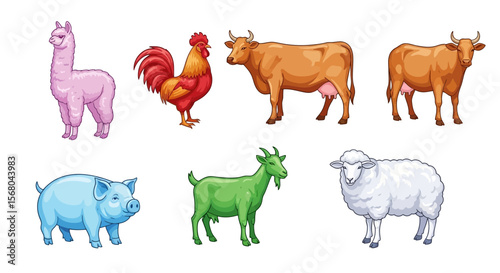 Vector illustration of farm animals including cow pig sheep goat rooster and llama for educational purposes