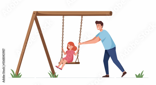 Father pushing daughter on a swing set in the park, creating a happy memory.