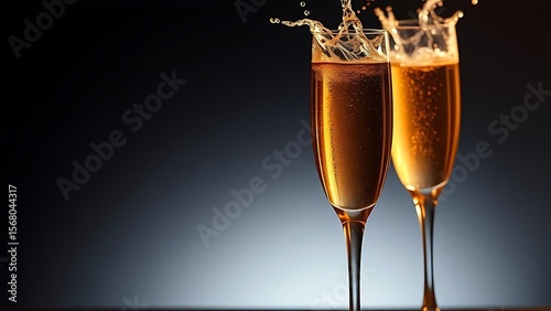 Two champagne glasses capturing the dynamic splash of liquid, illuminated by golden light against a dark gradient backdrop.