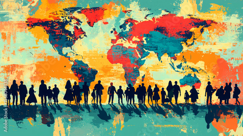 AI Generated Art: Global Community Silhouette Against Abstract World Map Background - Diverse People United on Vibrant Canvas