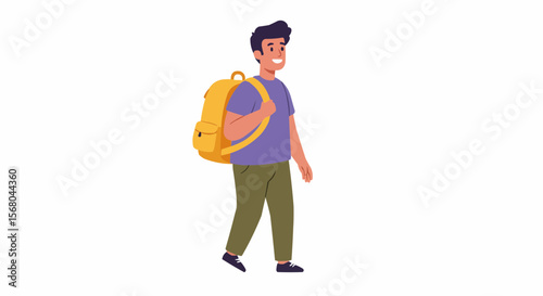 A smiling young man is walking with a backpack on his shoulder.