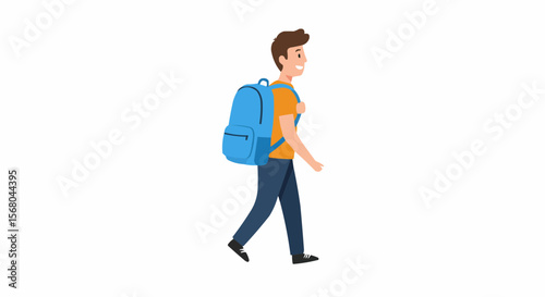 A person is walking with a backpack on their back. 
