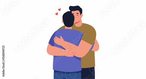 Two men share a close embrace, surrounded by symbols of affection.