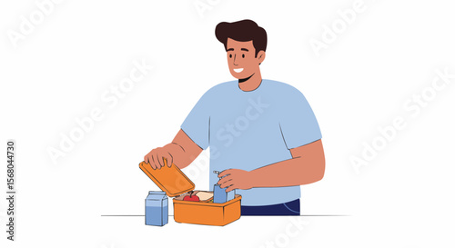 Happy man preparing lunch box.