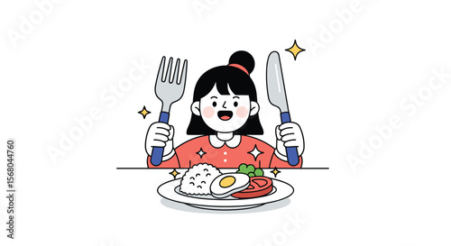 Happy Girl Excited To Eat Delicious Meal With Fork And Knife Sitting At Table Ready For Breakfast Lunch Dinner Feast