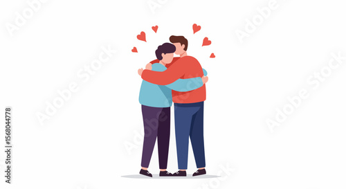 Vector illustration of a romantic couple in love embracing, surrounded by hearts.
