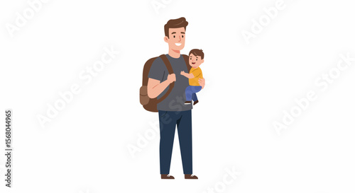 A young father holding his cute baby with backpack.