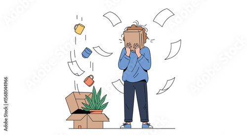 Overwhelmed person with a cardboard box on head amid flying papers and office supplies