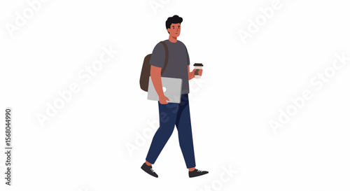 A man strides confidently, carrying a laptop, coffee, and a backpack.