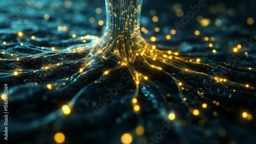 Luminous network threads across darkened landscape