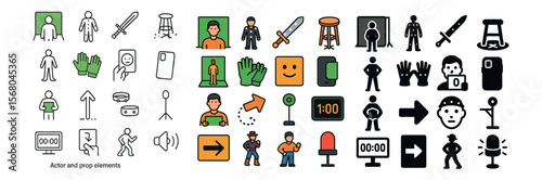 Actor and prop elements collection, theatrical symbols for staging and performance set