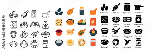 Bird food icon collection, avian diet symbols. seeds and feeding illustrations set
