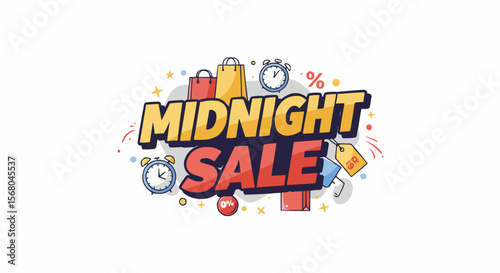 Midnight Sale Promotion with Shopping Bags and Clocks.