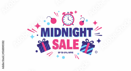 A vibrant midnight sale advertisement with a clock, bomb and gifts.