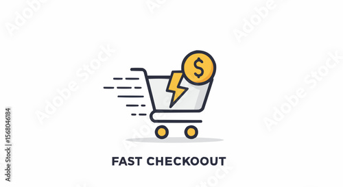A quick and easy online purchase with a shopping cart, lightning bolt, and dollar sign.