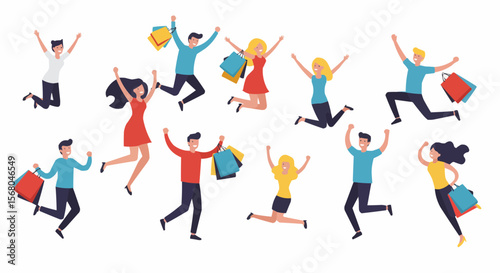 People are jumping with shopping bags in their hands.