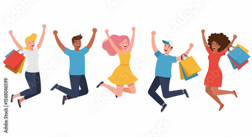 Happy shoppers jumping with shopping bags.