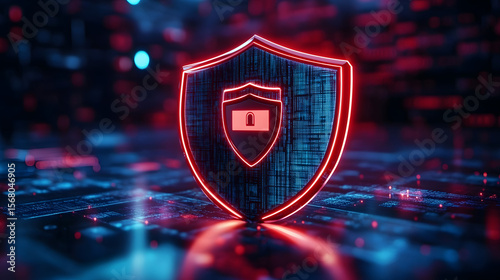 Cybersecurity concept with data encryption shield protecting financial transactions from cyber attacks. Digital vector illustration for infographics, business presentations, or network security blogs.