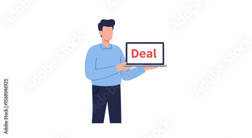 A man confidently presenting the word "Deal" on his laptop, embodying the essence of agreement.