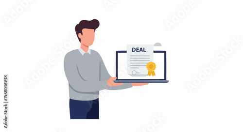 A person is holding a laptop showcasing a digital deal.