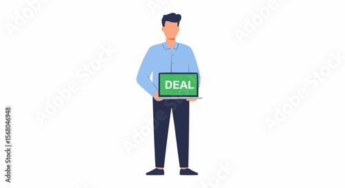 Businessman proudly presenting a laptop screen with the word "DEAL". 