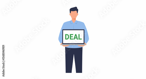 A man holding a screen with the word "DEAL" on it.