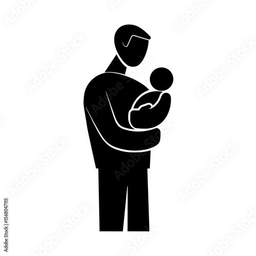 Stylized black silhouette of a man holding a baby against a white background symbolizing care and affection in a simple, modern design.