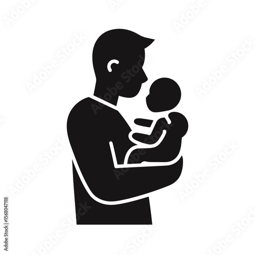 A black silhouette image depicts a father gently cradling his infant in his arms, symbolizing love, care, and family bonds in childcare concept.