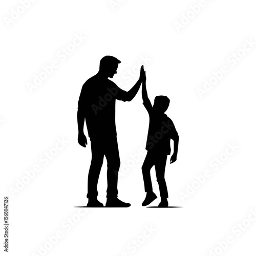Father and son in silhouette give a high five, celebrating a special moment or accomplishment, set against a clean white backdrop.