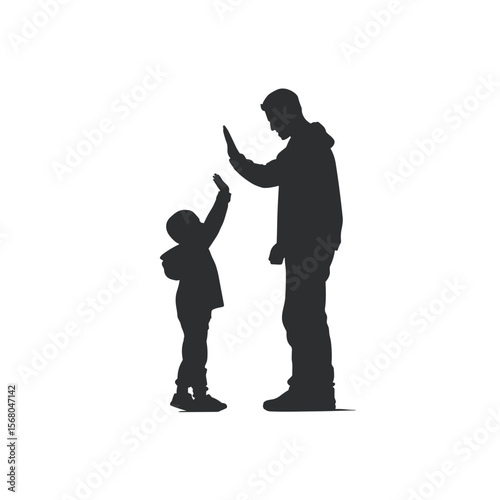Silhouette of a father and son exchanging a high-five, symbolizing teamwork, encouragement, and positive family bonding.