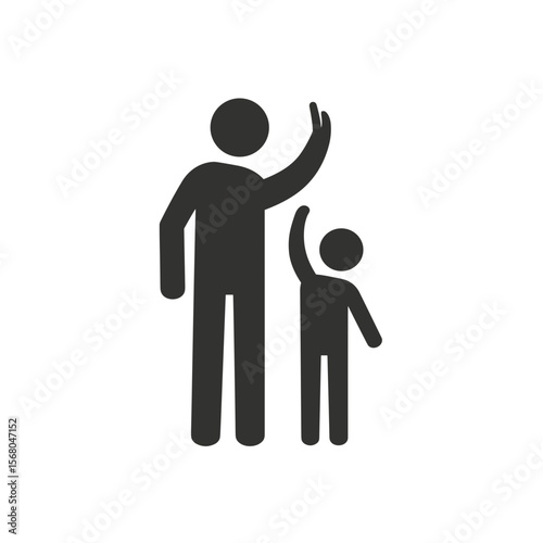 Stick figure representation of an adult with a child, both raising their hands. It is on a white background