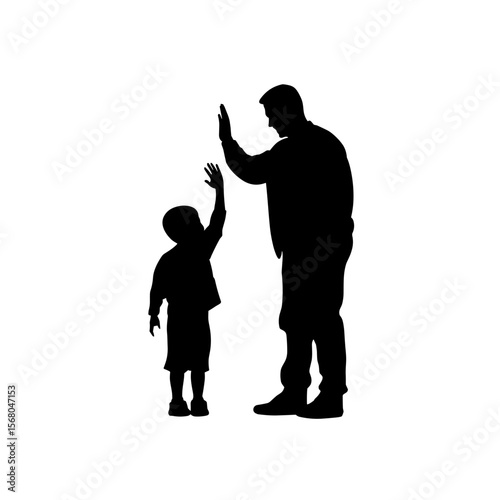 Silhouette of a father and son, the son reaching up to give his father a high-five. Showing a warm and encouraging relationship.