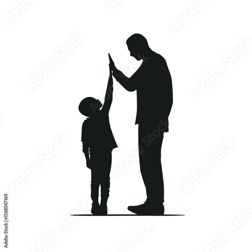 Silhouette of a tall male giving a high five to a child on a plain background conveying a sense of teamwork and connection between people.