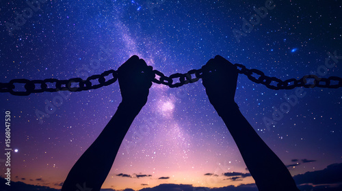 AI Generated: Silhouette of Hands Breaking Chains Against a Starry Night Sky - Freedom, Hope, and Dreamscape