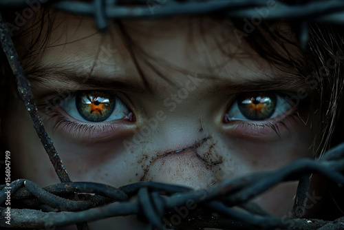 AI-Generated Dark Art: Child's Eyes Behind Barbed Wire - A Glimmer of Hope Amidst Despair. Digital Painting of a Child's Intense Gaze Through a Rusty Fence, Evocative of Captivity and Resilience.