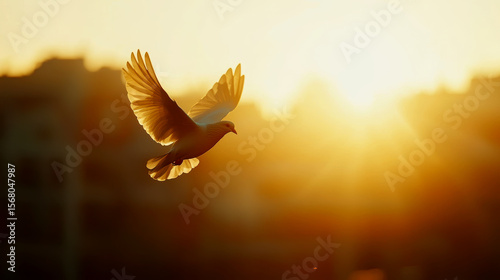 AI Generated: Majestic White Dove in Golden Sunset - Symbol of Peace and Hope