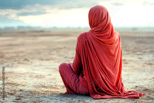 AI Generated Image: Serene Woman in Red Robe Contemplating Expansive Desert Landscape at Sunset.  AI Art, Digital Painting, Peaceful Solitude, Spiritual Journey, Desert Serenity.